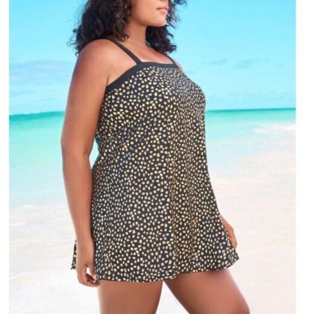 Swimsuits For All NWT Gold Black Abstract Dot Swim Dress Sz 30